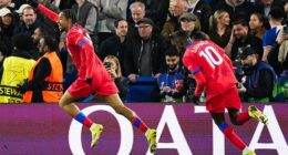 Bradley Barcola wheels away in celebration after scoring a second for PSG on Tuesday night