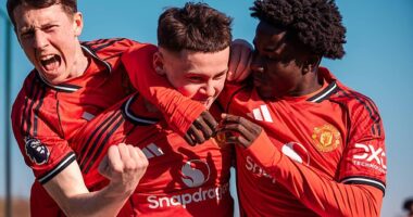 Chip off the old block! Super-sub Kai Rooney produces ice-cold finish for Man United U18s - and Sir Jim Ratcliffe watches on from the stands