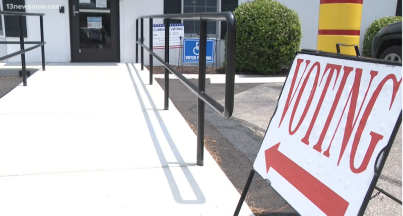 A voting sign in front of a polling station as early voting continues in Virginia's April referendum.