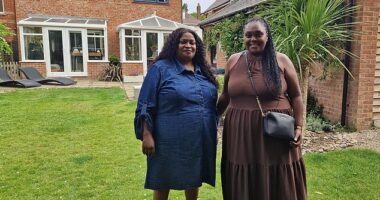 Struggling mother-of-three Val Mayer had her life changed when a millionaire agreed to invest £100,000 into her budding restaurant business (pictured left with her mother, Cleopatra Sillah, outside Steve Bolton's home in Bournemouth)