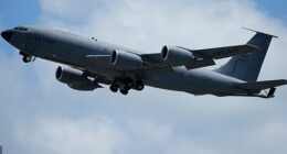 FILE - A U.S. Air Force KC-135 Stratotanker refueling tanker aircraft takes off from the Kadena Air Base airfield in Kadena town, west of Okinawa, southern Japan, Wednesday, Aug. 30, 2023. (AP Photo/Hiro Komae, File)