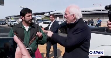 Republican Senator John Cornyn (right) points his finger at Democratic Representative Greg Casar (left) outside the Austin airport Monday as the two Texans tussled over TSA funding