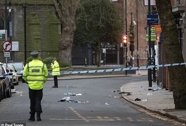 The scene on Friar Gate, Derby, after multiple pedestrians were struck by a car last night