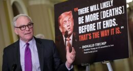 Senator Tim Kaine speaks to reporters following the weekly Senate Democrat policy luncheon at the US Capitol on March 03, 2026 in Washington, DC