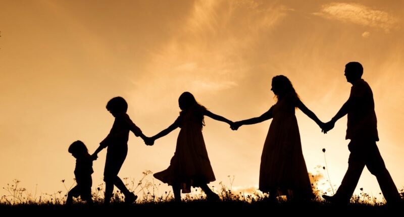 family silhouette against sunset