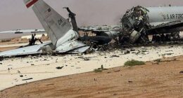 An image appears to show a US Air Force E-3G Sentry aircraft sitting in ruins at Prince Sultan Air Base in Saudi Arabia after an Iranian missile and drone strike