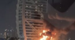 Footage showed the Burj Al-Arab hotel ablaze after being 'targeted by an Iranian suicide drone'