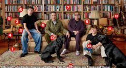 Sir Elton John has offered a rare glimpse into his family's home in a new portrait (pictured) that has been unveiled at London's National Portrait Gallery. Pictured one to 14: a copper teapot, a desk globe, a £152 diffuser, a TV award, vintage chairs, stylish lamps and floor-to-ceiling bookshelves, a Gucci cushion, a statement sofa, a patterned rug, a colourful vase, a standing Buddha sculpture, a Cartier love bracelet and a Pets at Home dog toy