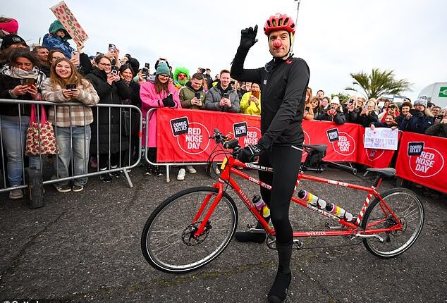 Greg James began his tandem bike challenge for Red Nose Day in his father's honour on Friday, a week after he suffered a stroke, leaving his health in 'bleak condition'