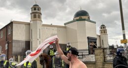 Protestors outside a mosque in Sunderland during nationwide disorder in the wake of the Southport stabbings in summer 2024