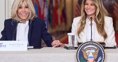 Pictured: France's first lady Brigitte Macron with U.S. first lady Melania Trump during the 'Fostering the Future Together Global Coalition Summit'