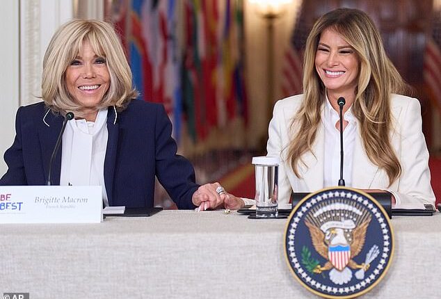 Pictured: France's first lady Brigitte Macron with U.S. first lady Melania Trump during the 'Fostering the Future Together Global Coalition Summit'