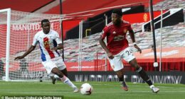 Timothy Fosu-Mensah in action for United against Crystal Palace in September 2020
