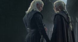 Daemon (Matt Smith) and Rhaenyra (Emma D'Arcy) hold hands in House of the Dragon season 2 episode 8.