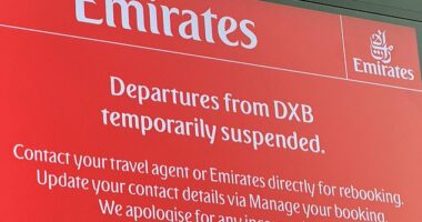 A supplied image obtained on Monday, March 2, 2026, of Flights cancelled at Dubai International Airport after conflict in Iran, (PR Image/Supplied byLucy Finter) NO ARCHIVING, EDITORIAL USE ONLY 15606007