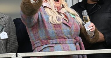 Gemma Collins cheered as she won £20,000 at the Cheltenham races on Thursday as she joined celebs getting into the spirit of things by quaffing champagne