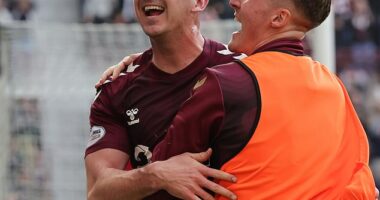 McEntee celebrates his late goal which gave Hearts all three points
