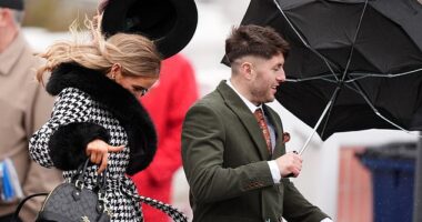 The windy weather at Cheltenham Festival today proved to be too much for some racegoers, who struggled to control their brollies – or worse, lost hold of their hats