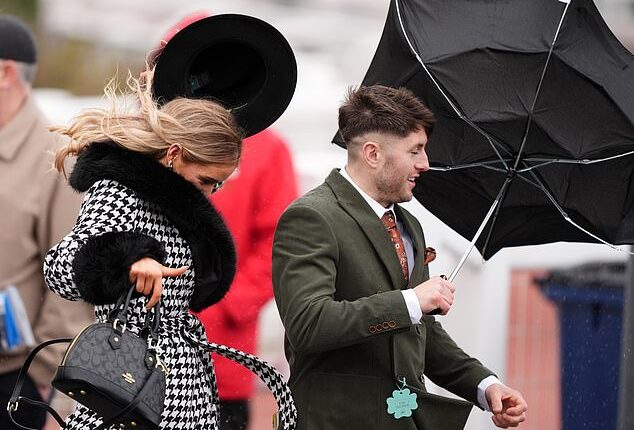 The windy weather at Cheltenham Festival today proved to be too much for some racegoers, who struggled to control their brollies – or worse, lost hold of their hats