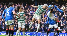Daizen Maeda's header hits Rangers defender Dujon Sterling on the hand