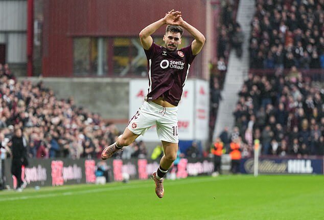 Claudio Braga celebrates his goal in Hearts' 1-0 victory over Aberdeen at Tynecastle