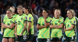 Sam Kerr(third from right) and her teammates are gutted after their loss in Saturday night's Asian Cup final