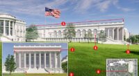 The above image illustrates the issues identified by the critics. 1. Columns block interior view. 2. Grand Staircase does not lead to ballroom. 3. Entrance is actually by the side.  4 Portico unnecessarily big. 6 Design requires relocation of existing path, ruining symmetry.