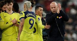 Arne Slot applauds the fans following the draw against Spurs, shortly after Richarlison levelled