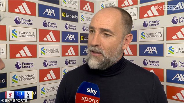 Igor Tudor shared a tense exchange with Sky's Patrick Davidson after Spurs' 1-1 draw