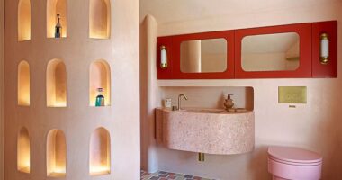 In this bathroom by Owl Design, the walls, ceiling and shower enclosure are clad in a putty-pink Tadelakt plaster, with a candy-pink loo by Trone and pastel floor tiles from Mosaic Factory.