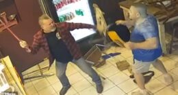 Lance (in blue) wields a chair against another man armed with a crowbar