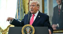 Donald Trump speaks to reporters in the Oval Office on Tuesday