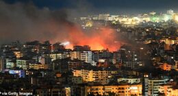 TOPSHOT - Fire rises from site of an Israeli airstrike in the southern suburbs of Beirut early on March 6, 2026. Heavy attacks were reported in Tehran on March 6 after Israel said it was hitting "regime infrastructure" in a "new phase" of the war it launched with the United States against Iran. As the conflict entered its seventh day, its regional repercussions continued -- with Qatar saying it intercepted a drone targeting a US base, and Lebanon reporting the death toll from Israeli strikes had risen to 123. (Photo by FADEL itani / AFP via Getty Images)