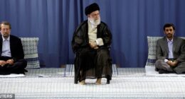FILE PHOTO: Iranian President Mahmoud Ahmadinejad (R) and Parliament Speaker Ali Larijani (L) listen to a speech by Supreme Leader Ayatollah Ali Khamenei during a ceremony for Ahmadinejad's confirmation as Iran's President in Tehran  August 3, 2009. Iran's supreme leader formally approved the second term presidency of Ahmadinejad on Monday after a disputed election that leading reformists say was rigged to ensure the incumbent's victory.  REUTERS/khamenei.ir  QUALITY FROM SOURCE/File Photo