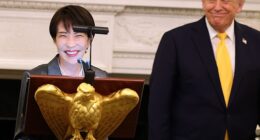 Japanese Prime Minister Sanae Takaichi (left) toasted Barron Trump's birthday, which is Friday, during a dinner in the State Dining Room hosted by President Donald Trump (right) Thursday night