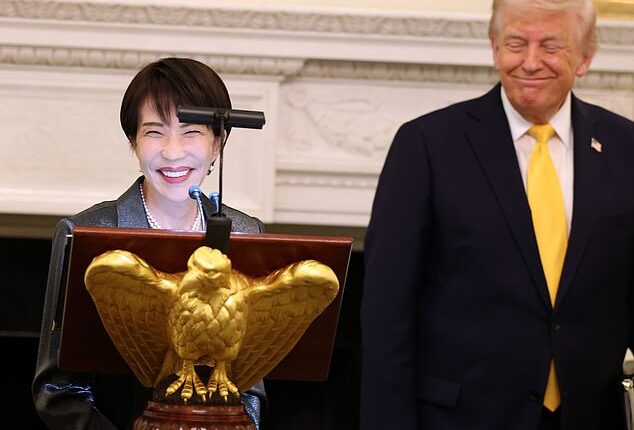 Japanese Prime Minister Sanae Takaichi (left) toasted Barron Trump's birthday, which is Friday, during a dinner in the State Dining Room hosted by President Donald Trump (right) Thursday night