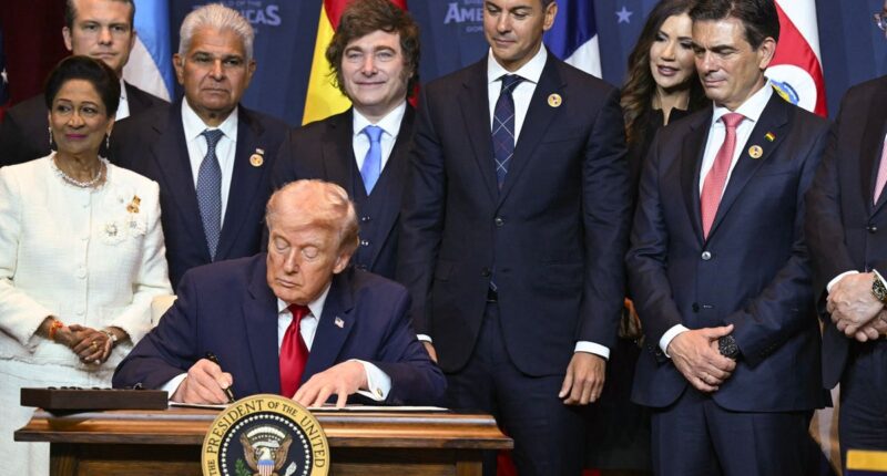 Kristi Noem appears with Trump in new ‘Shield of the Americas’ role - days after he fired her from DHS