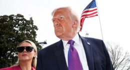 President Donald Trump speaks to reporters alongside White House Press Secretary Karoline Leavitt as he departs for Marine One on the South Lawn of the White House on March 11