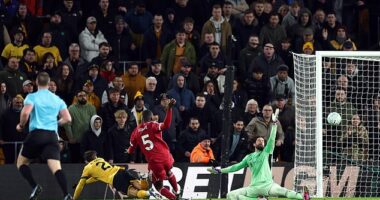 Alisson is beaten by Wolves' Rodrigo Gomes after hesitating to come off his line in Liverpool's defeat at Molineux this week