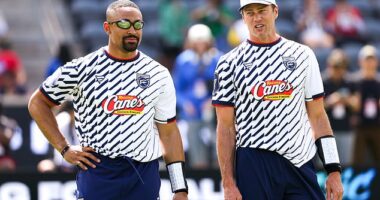 Hurts and Brady of the Founders FFC look on before the Fanatics Flag Football Classic