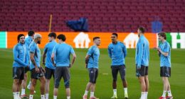 Newcastle's players take in the magnificent Nou Camp on Tuesday night ahead of the game