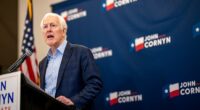 Texas Republican John Cornyn speaks to members of the media on primary night, March 3 2026 in Austin, Texas