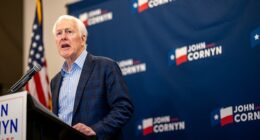 Texas Republican John Cornyn speaks to members of the media on primary night, March 3 2026 in Austin, Texas