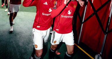 Bruno Fernandes (left) has now hit a century of both goals and assists for Manchester United