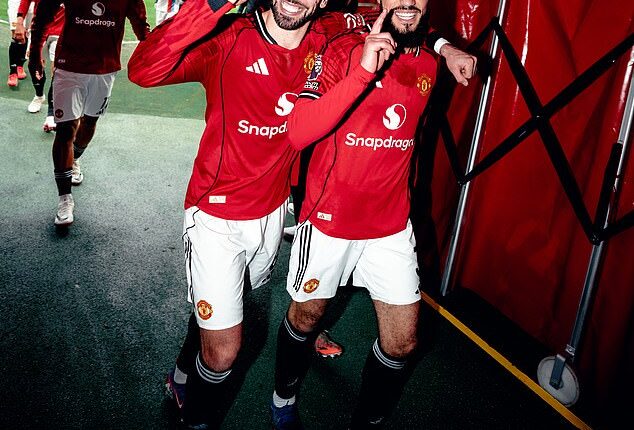 Bruno Fernandes (left) has now hit a century of both goals and assists for Manchester United