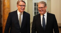 Sir Keir with Mandelson during a welcome reception at the US ambassador's residence on February 26, 2025 in Washington DC. It emerged this week that Sir Keir Starmer did not personally speak to Mandelson before his appointment
