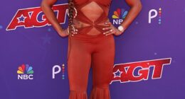 Mel B turned heads in a stylish orange jumpsuit as she filmed America's Got Talent in Pasadena, California, on Tuesday