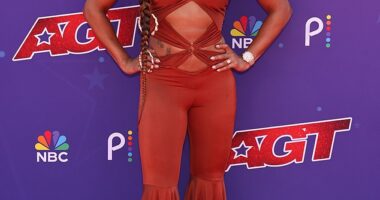 Mel B turned heads in a stylish orange jumpsuit as she filmed America's Got Talent in Pasadena, California, on Tuesday