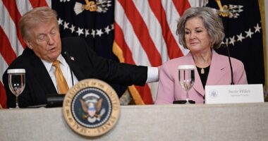 President Donald Trump pats his chief of staff Susie Wiles on the shoulder during their first public appearance after the announcement of her breast cancer diagnosis