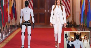 First Lady Melania Trump marked a futuristic first at the White House on Wednesday. She was introduced by a robot. The First Lady had gathered other first ladies and a first gentleman in the White House's East Room to discuss young people and technology. The event was part of her broader Fostering the Future Together initiative. After the other spouses arrived, it was time for Melania to make her dramatic entrance. To the uplifting music of John Williams' Flight to Neverland, the First Lady walked into the East Room alongside the white and black robot.